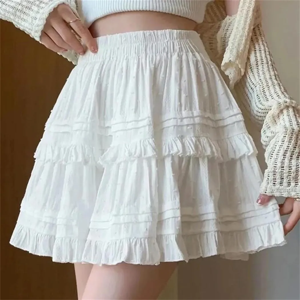 Women Lace Mini Ruffles Pleated Short Skirts Summer Korean High Waist A Line Skirt