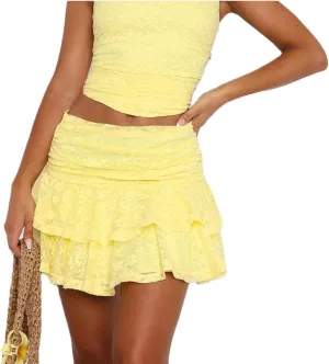 Women Lace Mini Skirt Y2K Ruffle Low Waist Layered Pleated Flowy Skirt Sheer Mesh Half Slip Mini Skirt