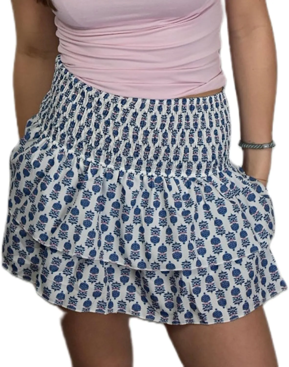 Women Layered Mini Skirt Elastic Waist Smocked Pleated Ruffle Short Skirt Summer Boho Floral Flowy Beach Skirt