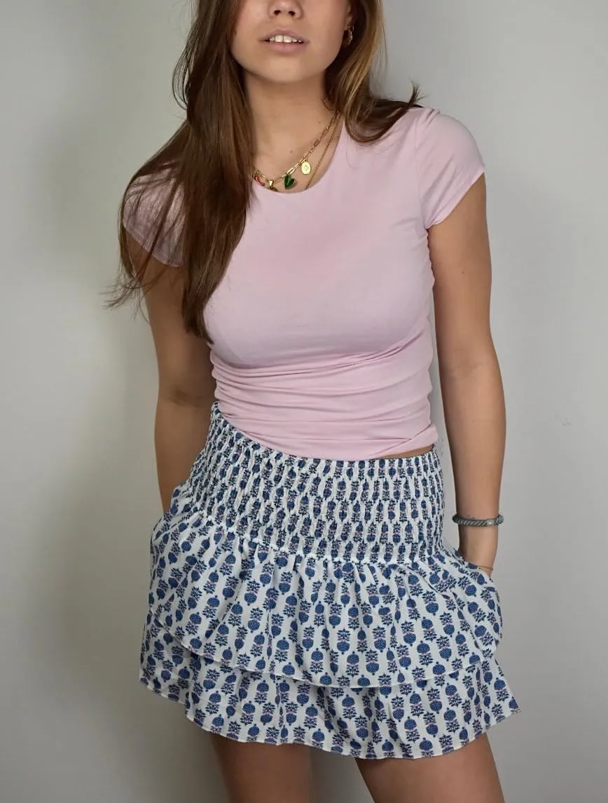 Women Layered Mini Skirt Elastic Waist Smocked Pleated Ruffle Short Skirt Summer Boho Floral Flowy Beach Skirt