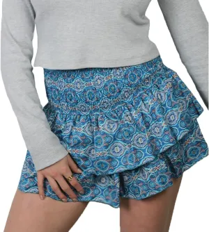Women Layered Mini Skirt Elastic Waist Smocked Pleated Ruffle Short Skirt Summer Boho Floral Flowy Beach Skirt