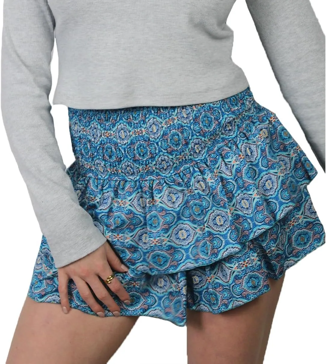 Women Layered Mini Skirt Elastic Waist Smocked Pleated Ruffle Short Skirt Summer Boho Floral Flowy Beach Skirt