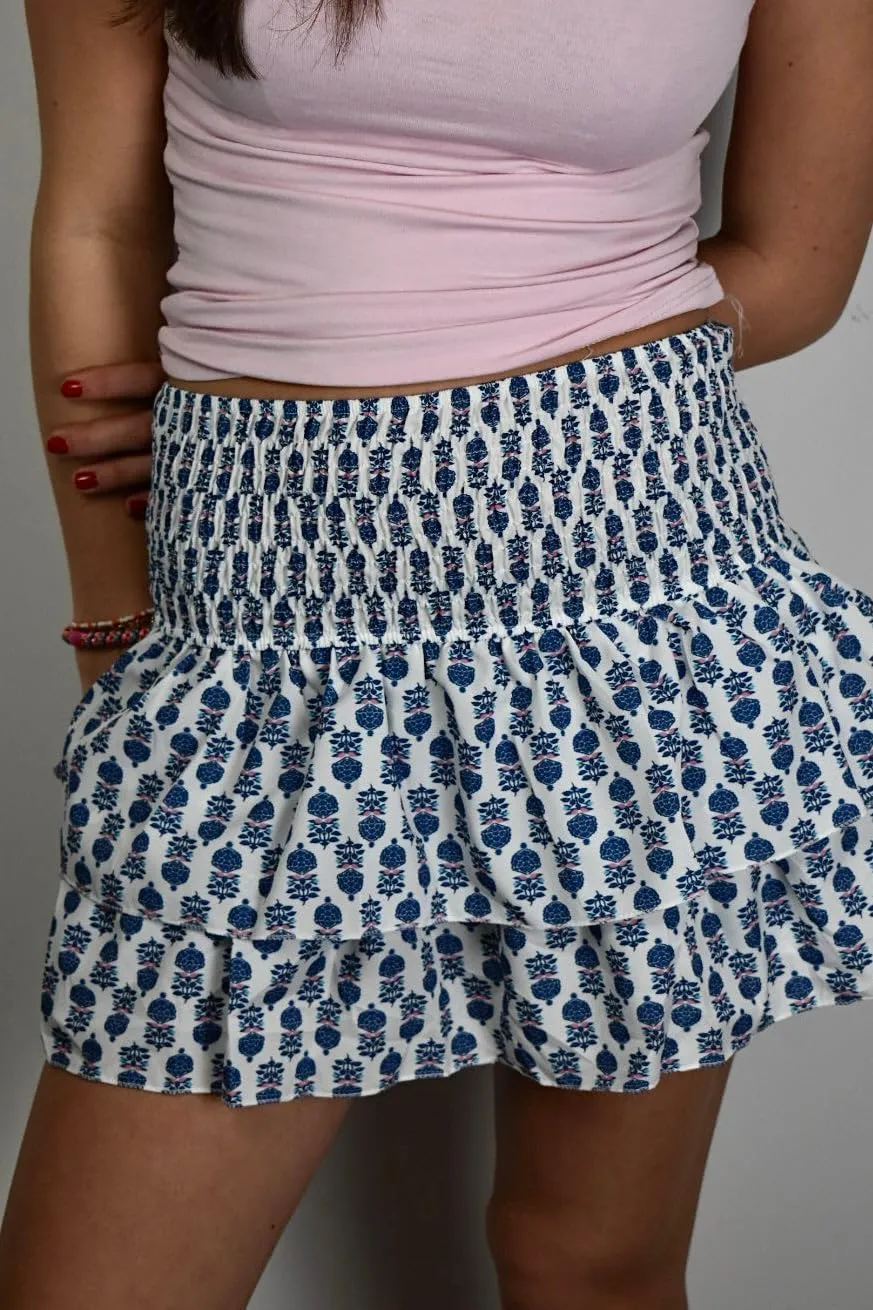 Women Layered Mini Skirt Elastic Waist Smocked Pleated Ruffle Short Skirt Summer Boho Floral Flowy Beach Skirt