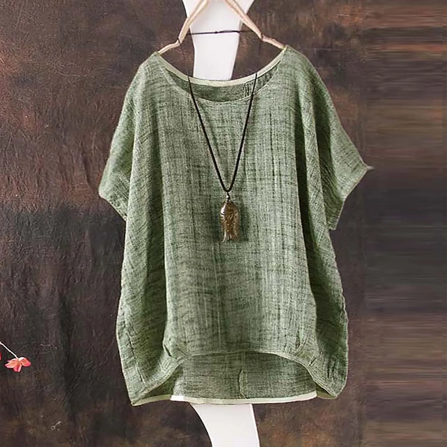 Women Linen Shirts Summer Cotton Linen Boho Short Sleeve T-Shirt Casual Loose Basic V Neck Blouse Top