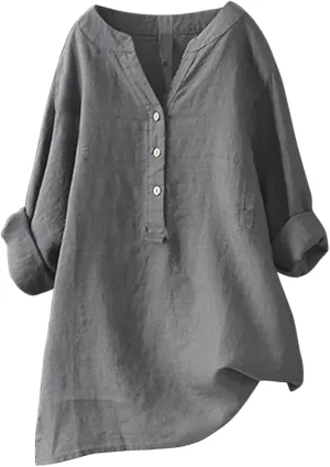 Women Linen Shirts Summer Linen Bohemian Short Sleeve Tunic Top Casual Loose Dressy V-Neck Tee Tops