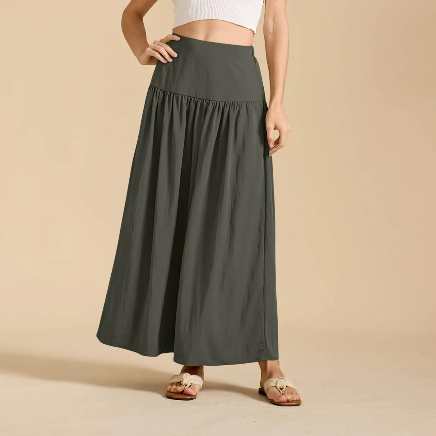 Women Maxi Skirt Spring Boho Elastic High Waist Pleated A-Line Flowy Ruffle Swing Tiered Long Beach Skirt Dresses