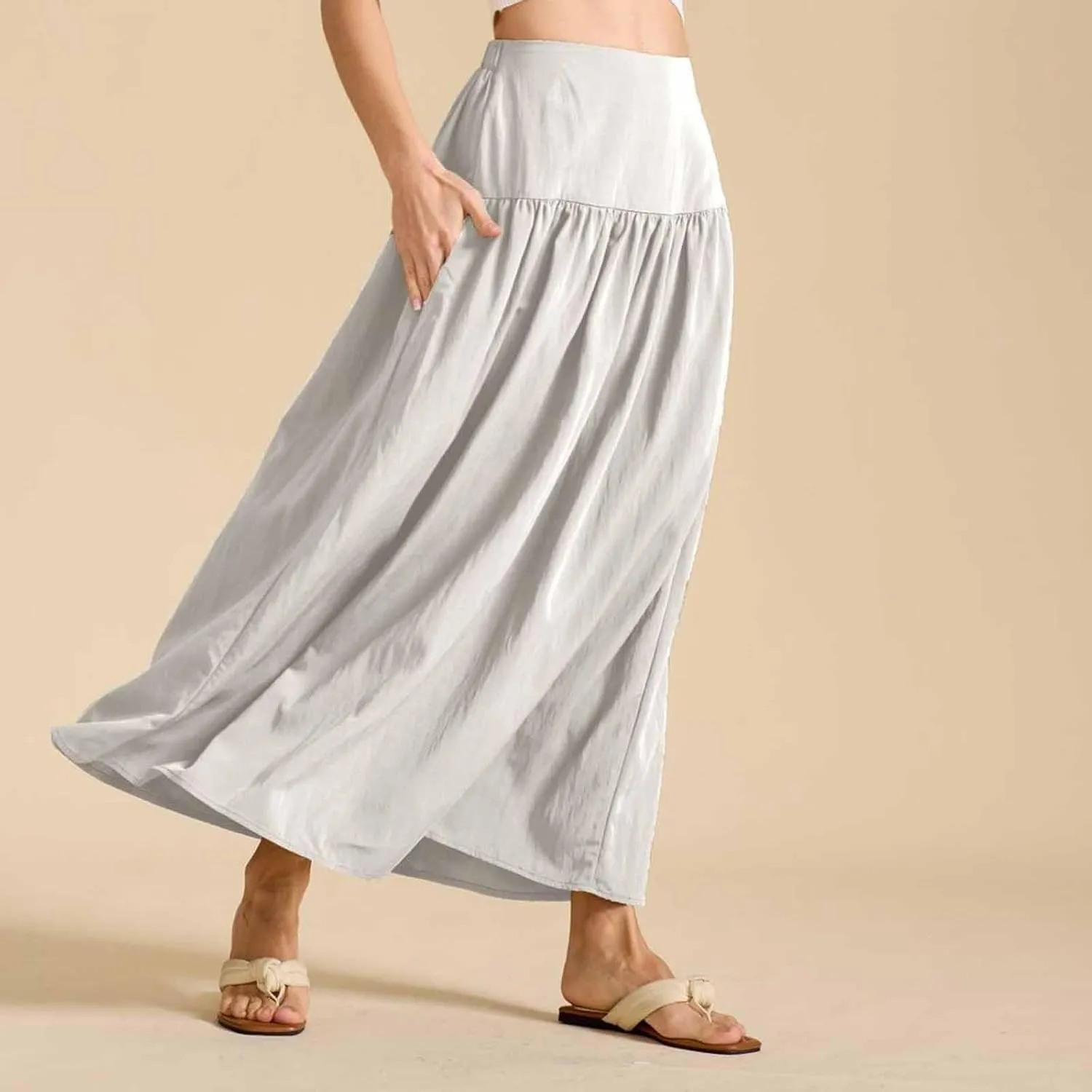 Women Maxi Skirt Spring Boho Elastic High Waist Pleated A-Line Flowy Ruffle Swing Tiered Long Beach Skirt Dresses
