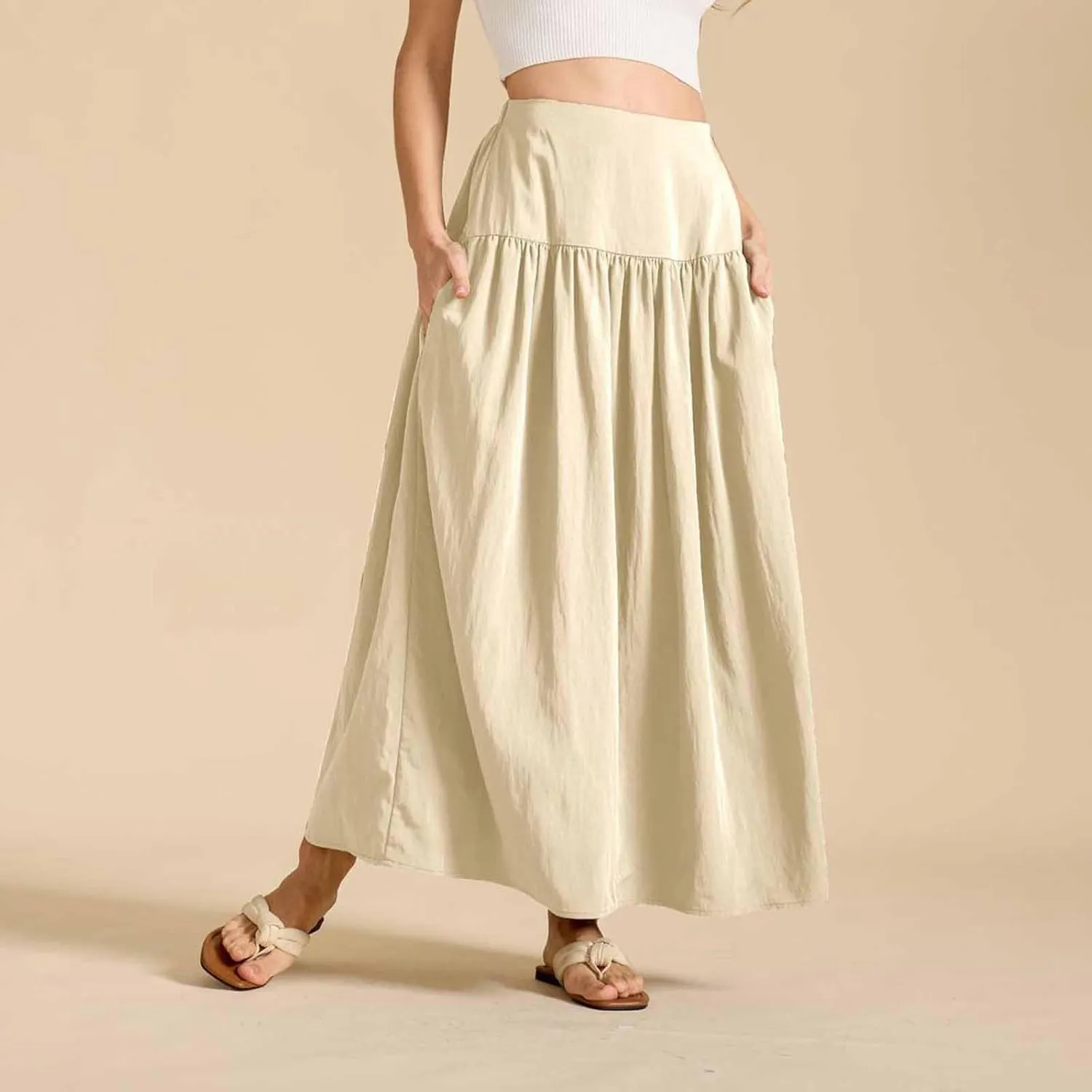 Women Maxi Skirt Spring Boho Elastic High Waist Pleated A-Line Flowy Ruffle Swing Tiered Long Beach Skirt Dresses