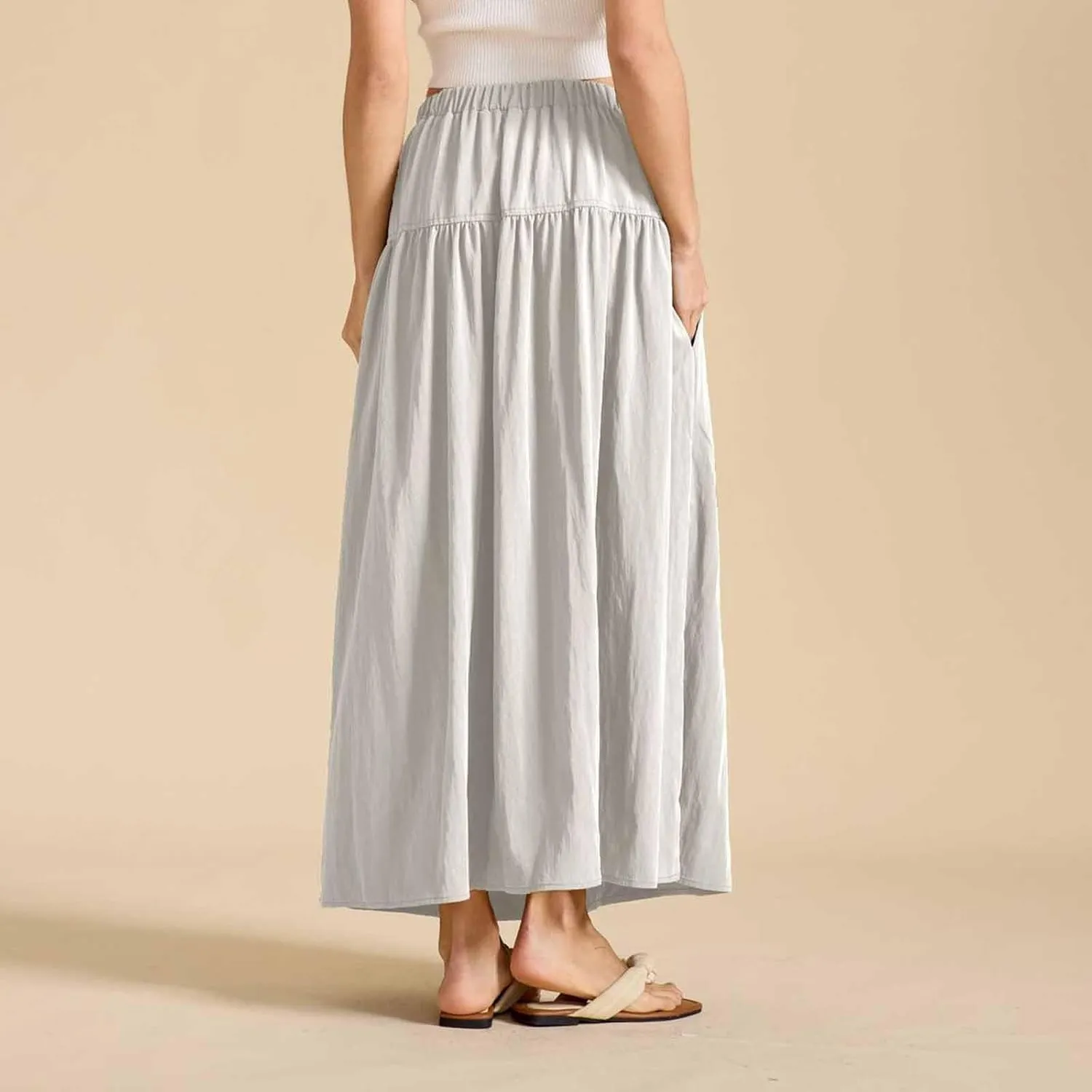 Women Maxi Skirt Spring Boho Elastic High Waist Pleated A-Line Flowy Ruffle Swing Tiered Long Beach Skirt Dresses