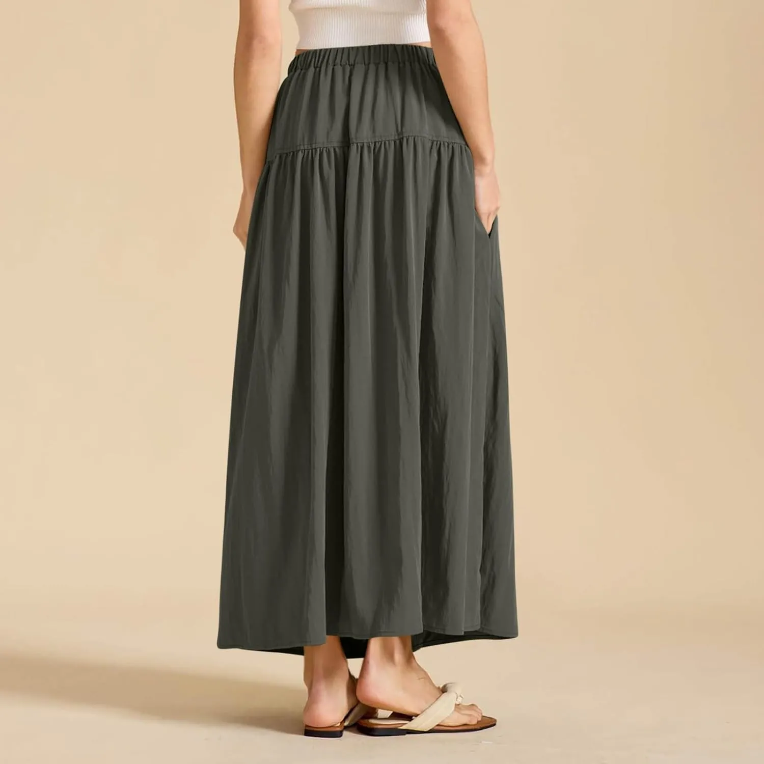 Women Maxi Skirt Spring Boho Elastic High Waist Pleated A-Line Flowy Ruffle Swing Tiered Long Beach Skirt Dresses