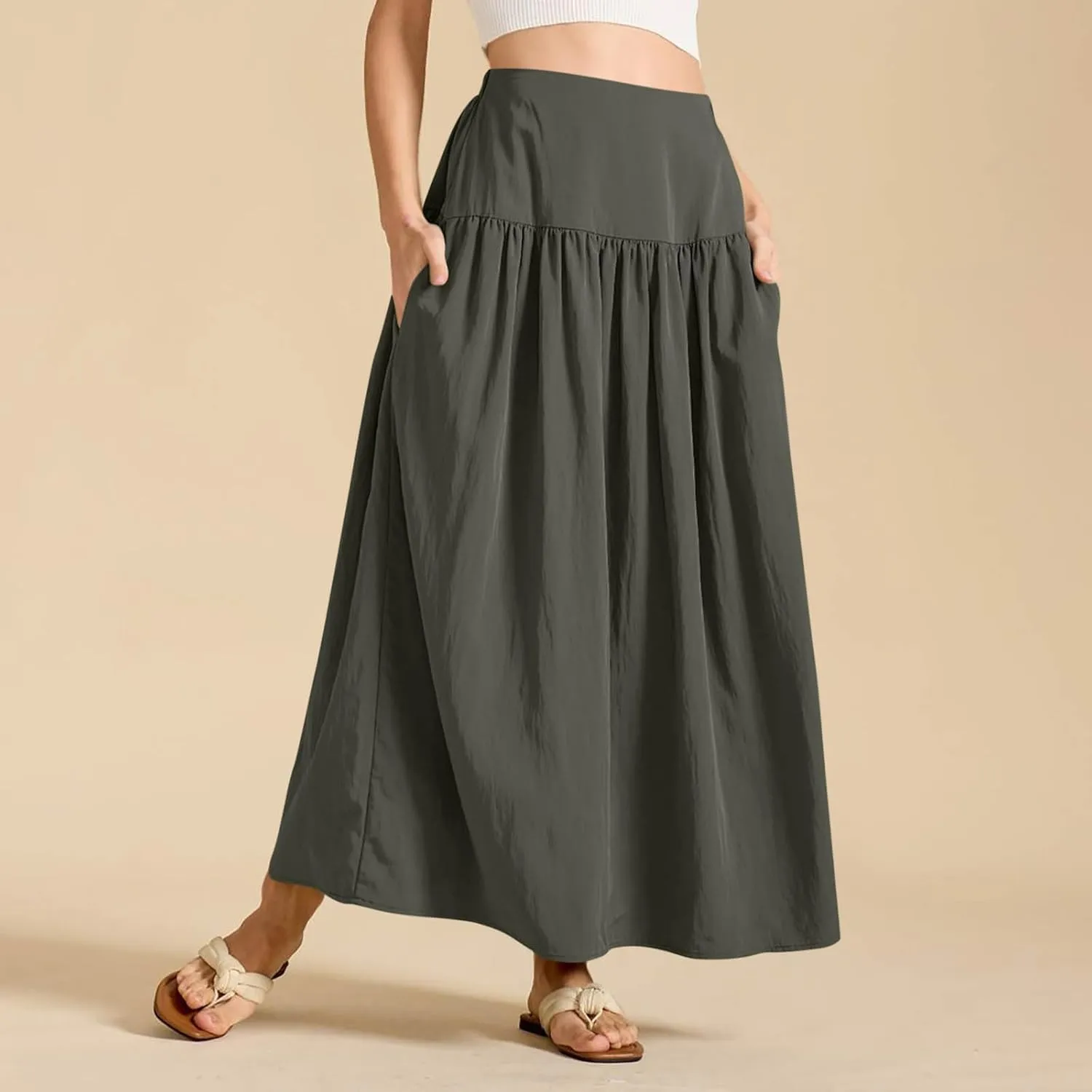 Women Maxi Skirt Spring Boho Elastic High Waist Pleated A-Line Flowy Ruffle Swing Tiered Long Beach Skirt Dresses