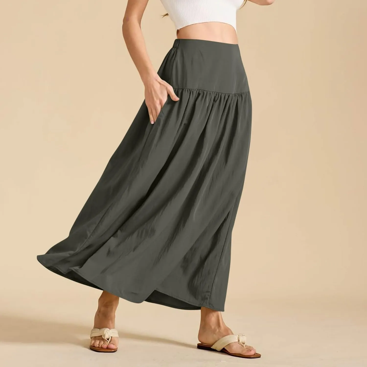 Women Maxi Skirt Spring Boho Elastic High Waist Pleated A-Line Flowy Ruffle Swing Tiered Long Beach Skirt Dresses