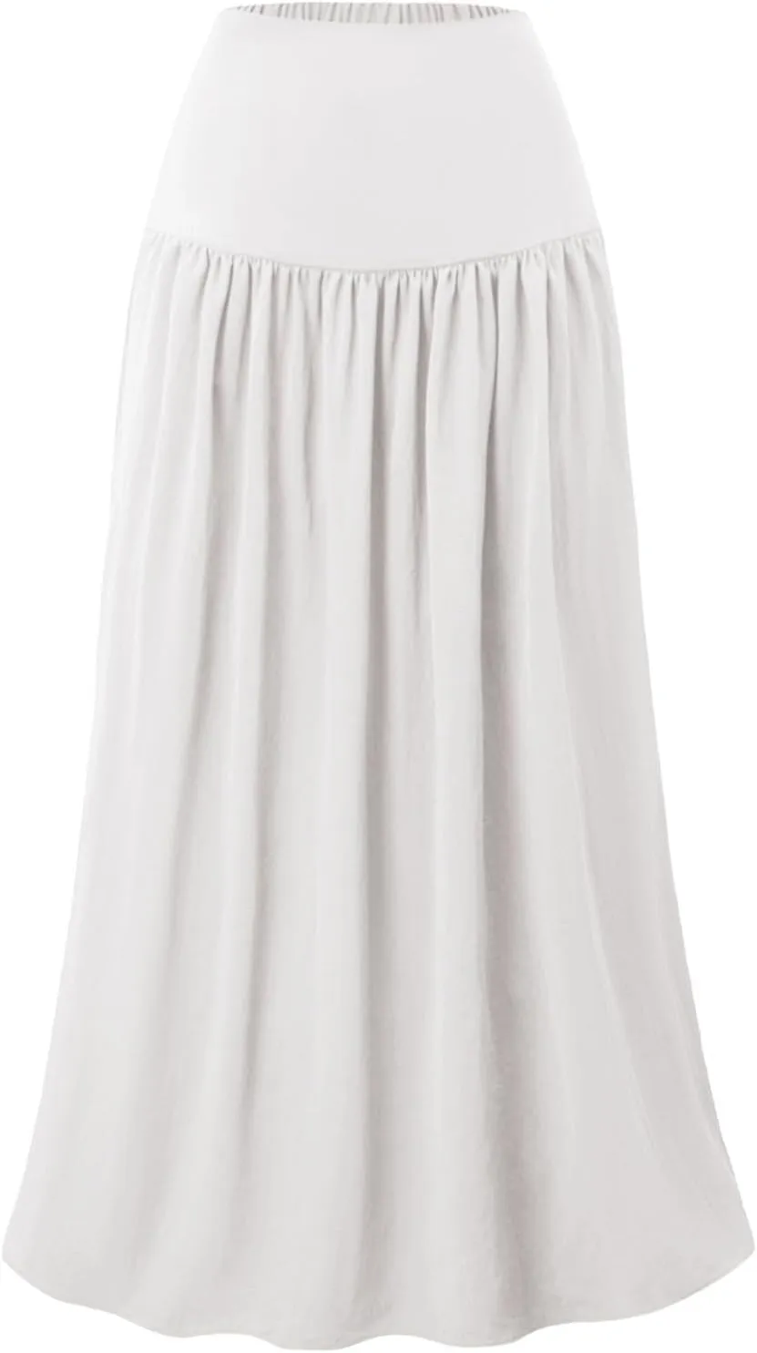 Women Maxi Skirt Spring Boho Elastic High Waist Pleated A-Line Flowy Ruffle Swing Tiered Long Beach Skirt Dresses