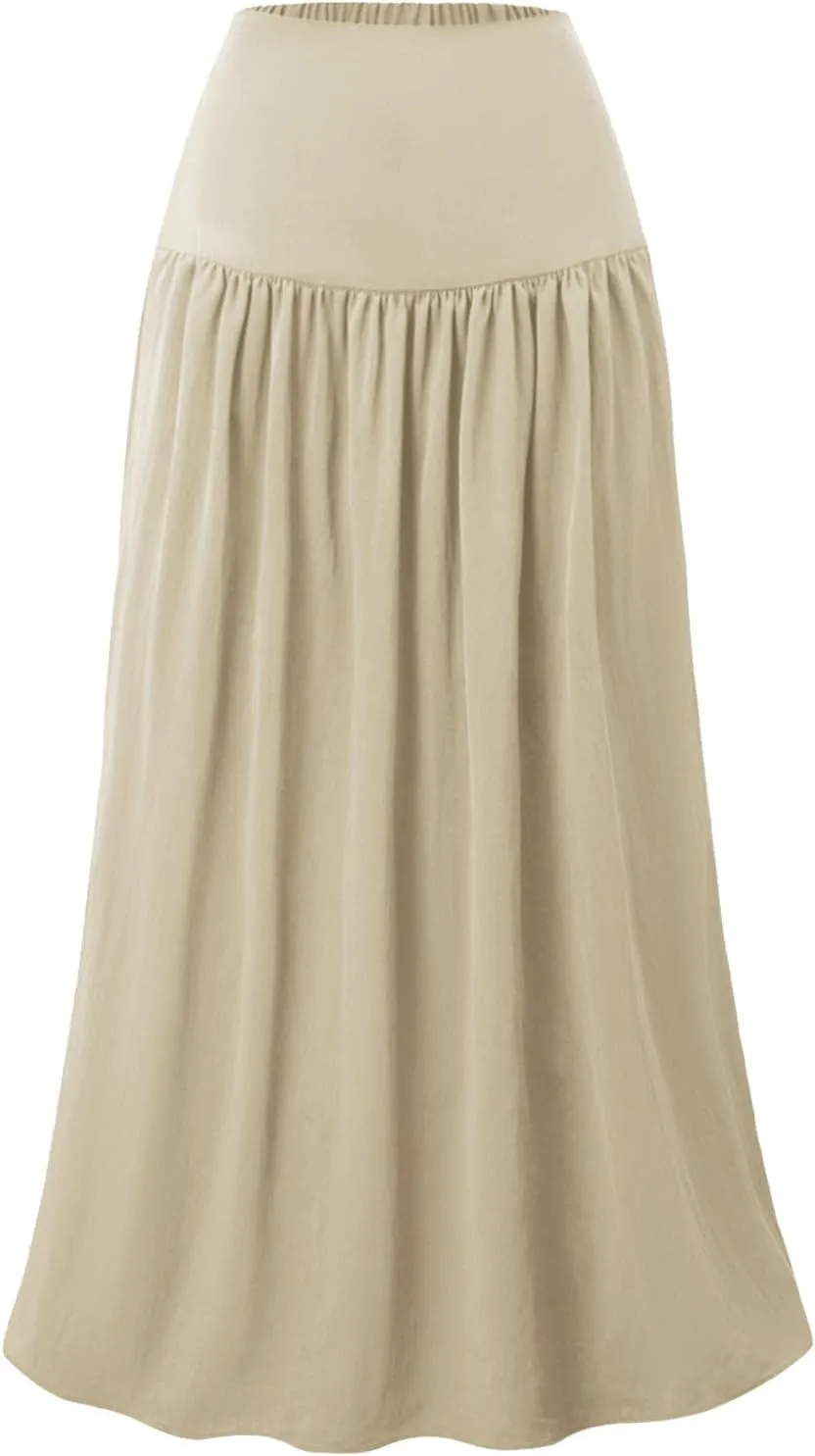 Women Maxi Skirt Spring Boho Elastic High Waist Pleated A-Line Flowy Ruffle Swing Tiered Long Beach Skirt Dresses