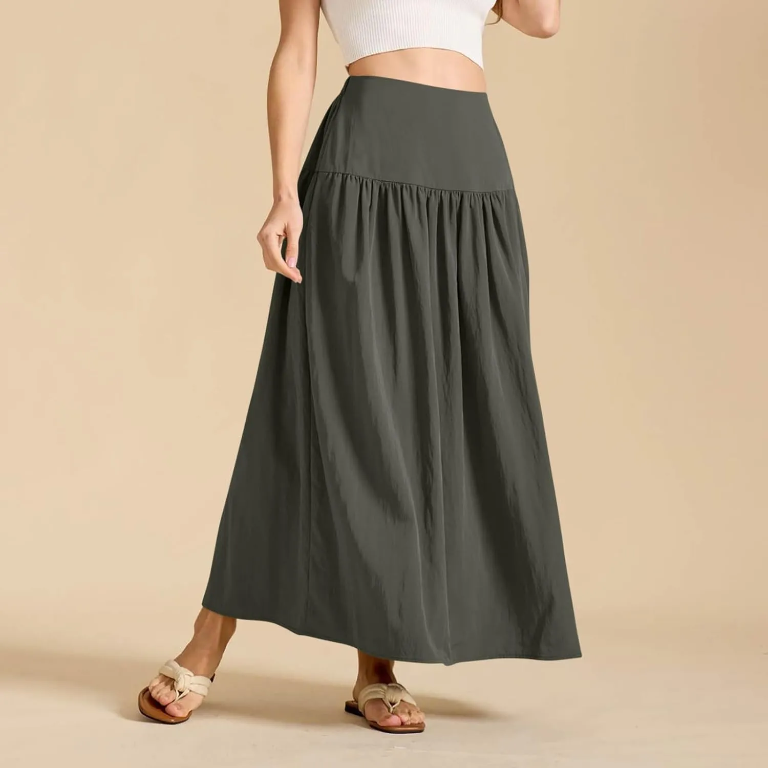 Women Maxi Skirt Spring Boho Elastic High Waist Pleated A-Line Flowy Ruffle Swing Tiered Long Beach Skirt Dresses