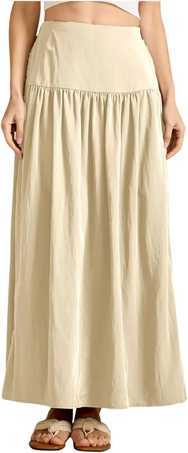 Women Maxi Skirt Spring Boho Elastic High Waist Pleated A-Line Flowy Ruffle Swing Tiered Long Beach Skirt Dresses