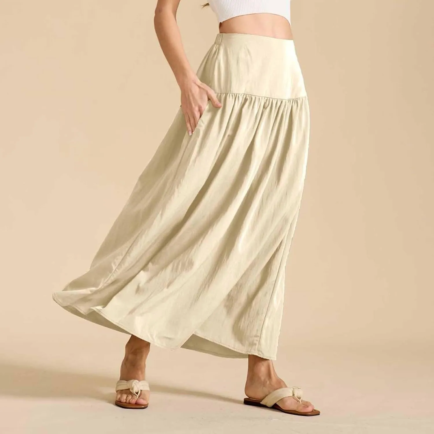 Women Maxi Skirt Spring Boho Elastic High Waist Pleated A-Line Flowy Ruffle Swing Tiered Long Beach Skirt Dresses
