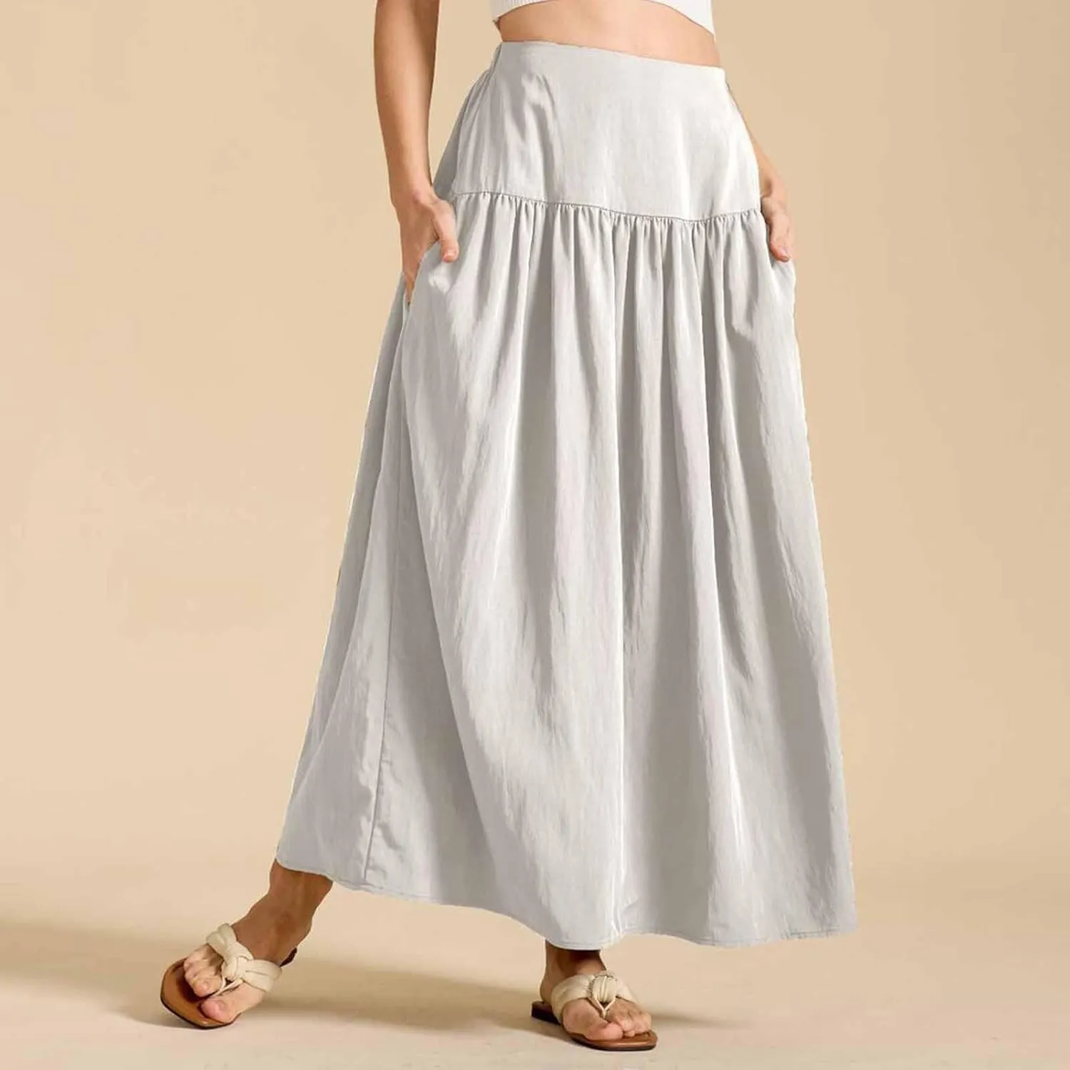 Women Maxi Skirt Spring Boho Elastic High Waist Pleated A-Line Flowy Ruffle Swing Tiered Long Beach Skirt Dresses