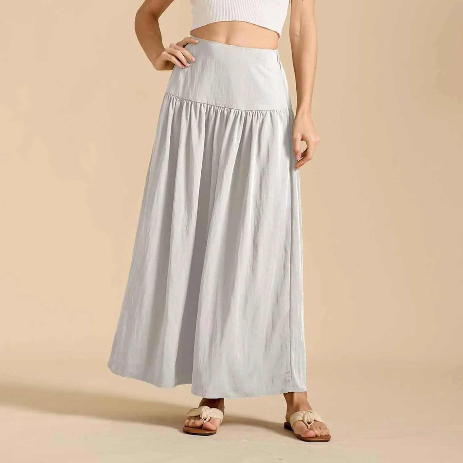Women Maxi Skirt Spring Boho Elastic High Waist Pleated A-Line Flowy Ruffle Swing Tiered Long Beach Skirt Dresses