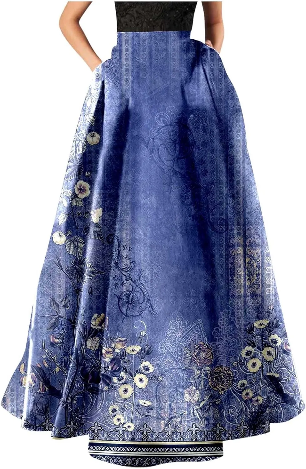 Women Maxi Skirts Summer Boho Floral Artsy Print Long A Line Swing Dress Casual Beach Vacation Clothing with Pockets