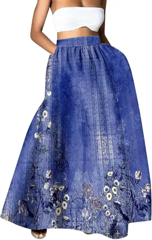 Women Maxi Skirts Summer Boho Floral Artsy Print Long A Line Swing Dress Casual Beach Vacation Clothing with Pockets