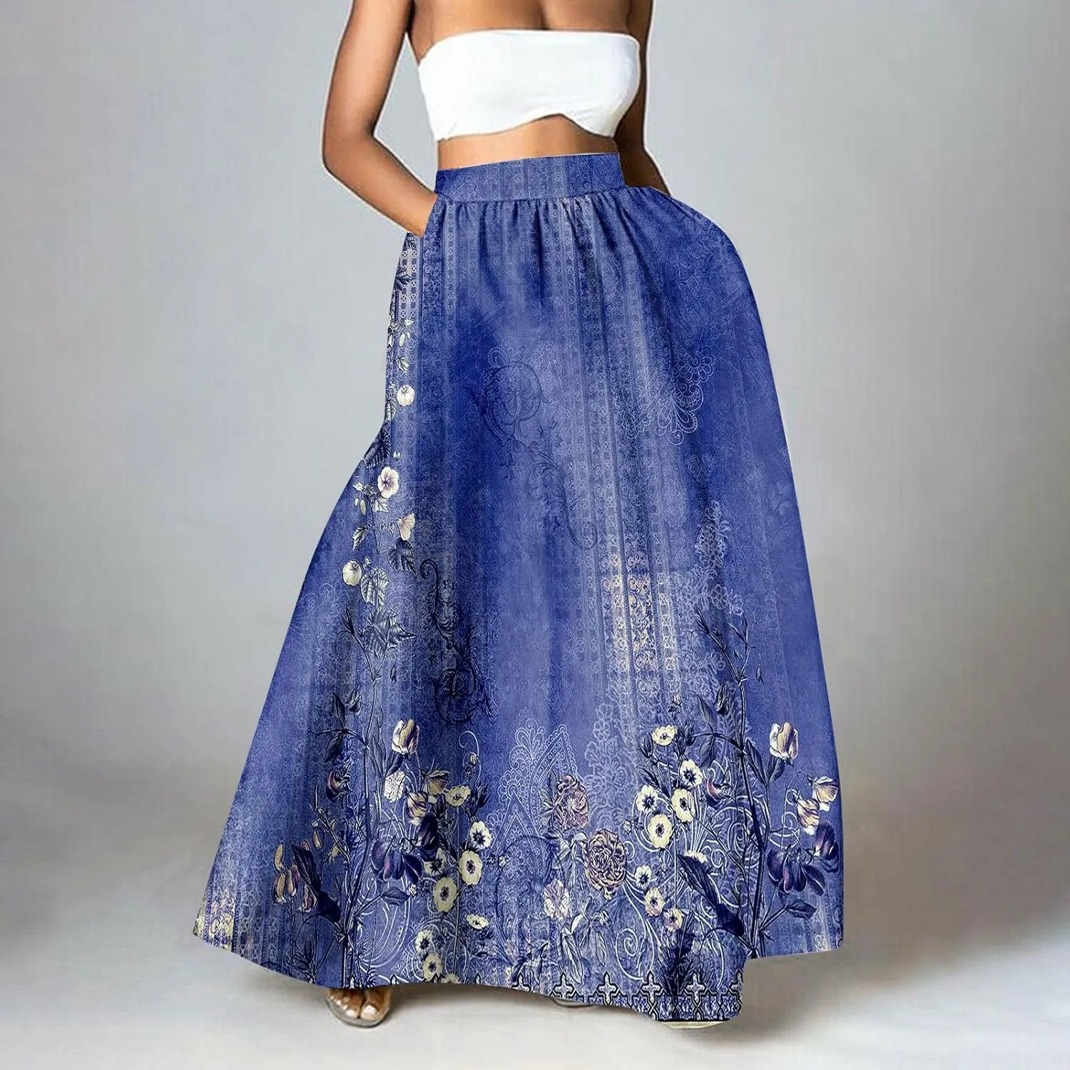 Women Maxi Skirts Summer Boho Floral Artsy Print Long A Line Swing Dress Casual Beach Vacation Clothing with Pockets