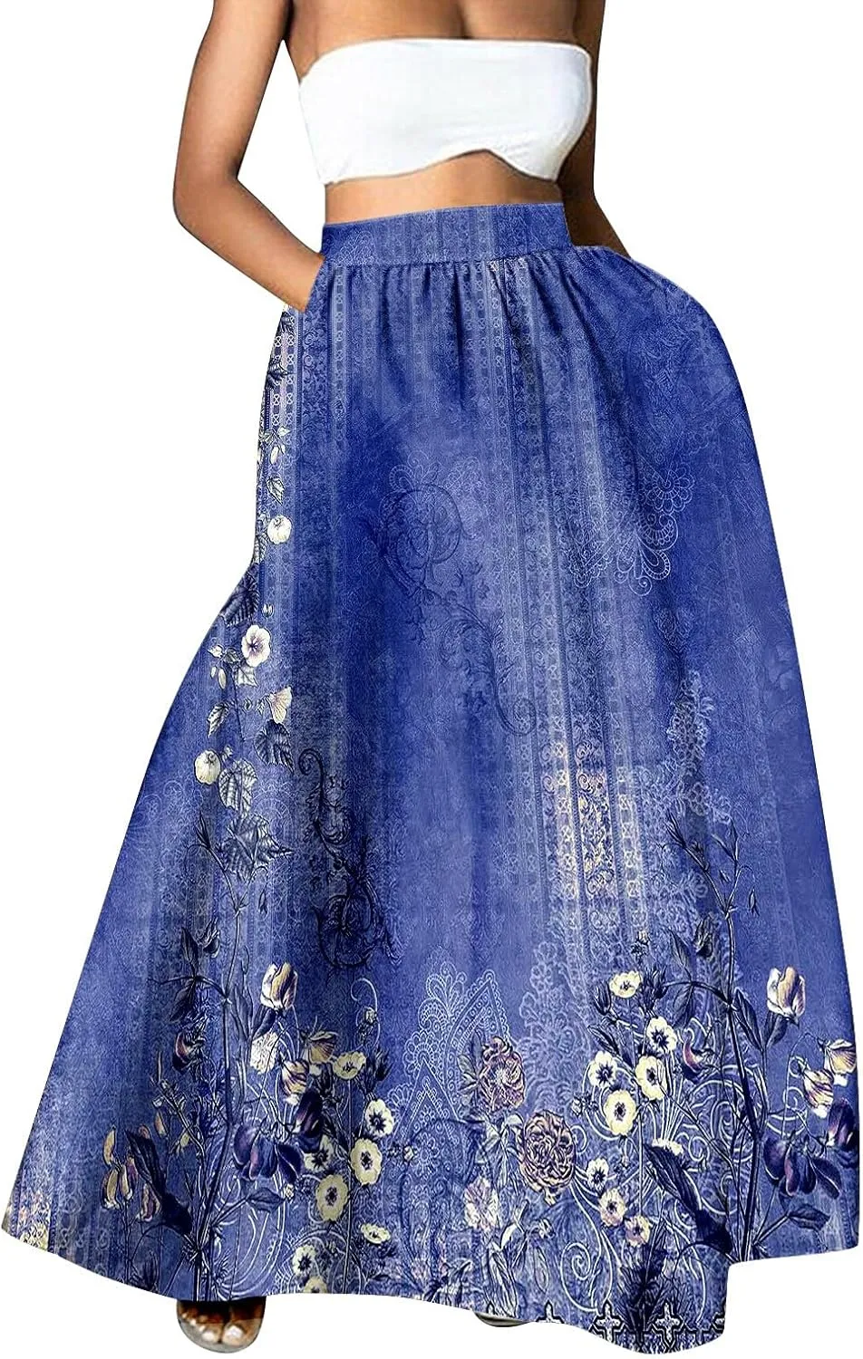 Women Maxi Skirts Summer Boho Floral Artsy Print Long A Line Swing Dress Casual Beach Vacation Clothing with Pockets