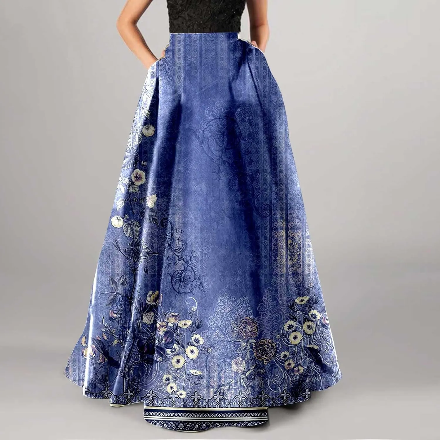Women Maxi Skirts Summer Boho Floral Artsy Print Long A Line Swing Dress Casual Beach Vacation Clothing with Pockets