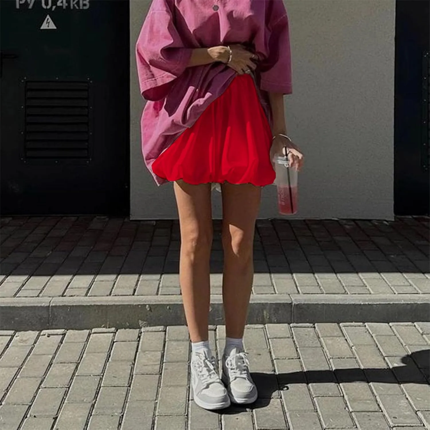 Women Pleated Bubble Mini Skirt Y2k Ruffle Hem Elastic Waist Puffy Short Skirt Tee Girls Cute Aline Balloon Skirt