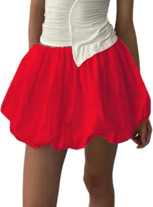 Women Pleated Bubble Mini Skirt Y2k Ruffle Hem Elastic Waist Puffy Short Skirt Tee Girls Cute Aline Balloon Skirt