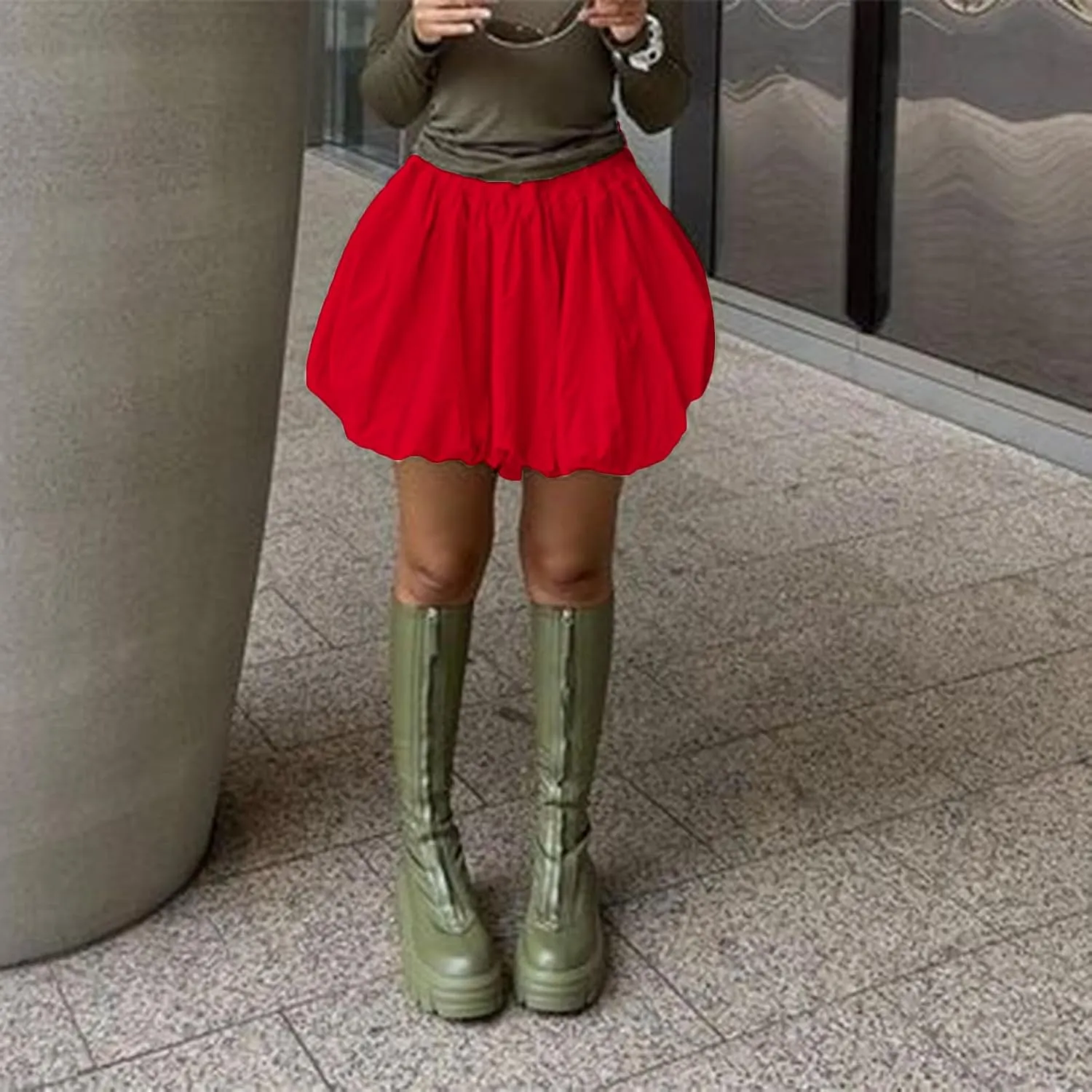 Women Pleated Bubble Mini Skirt Y2k Ruffle Hem Elastic Waist Puffy Short Skirt Tee Girls Cute Aline Balloon Skirt