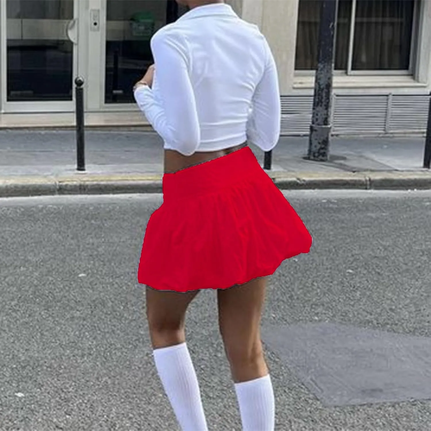 Women Pleated Bubble Mini Skirt Y2k Ruffle Hem Elastic Waist Puffy Short Skirt Tee Girls Cute Aline Balloon Skirt