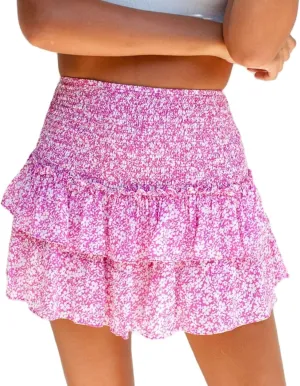 Women Preppy Swing Y2K Mini Skirt Floral Pleated High Waist Tiered Ruffle Skirt Summer Fairycore Skirts Cottagecore Clothing