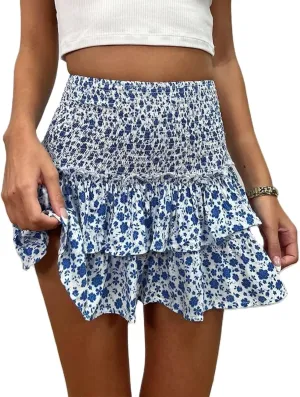 Women Preppy Swing Y2K Mini Skirt Floral Pleated High Waist Tiered Ruffle Skirt Summer Fairycore Skirts Cottagecore Clothing