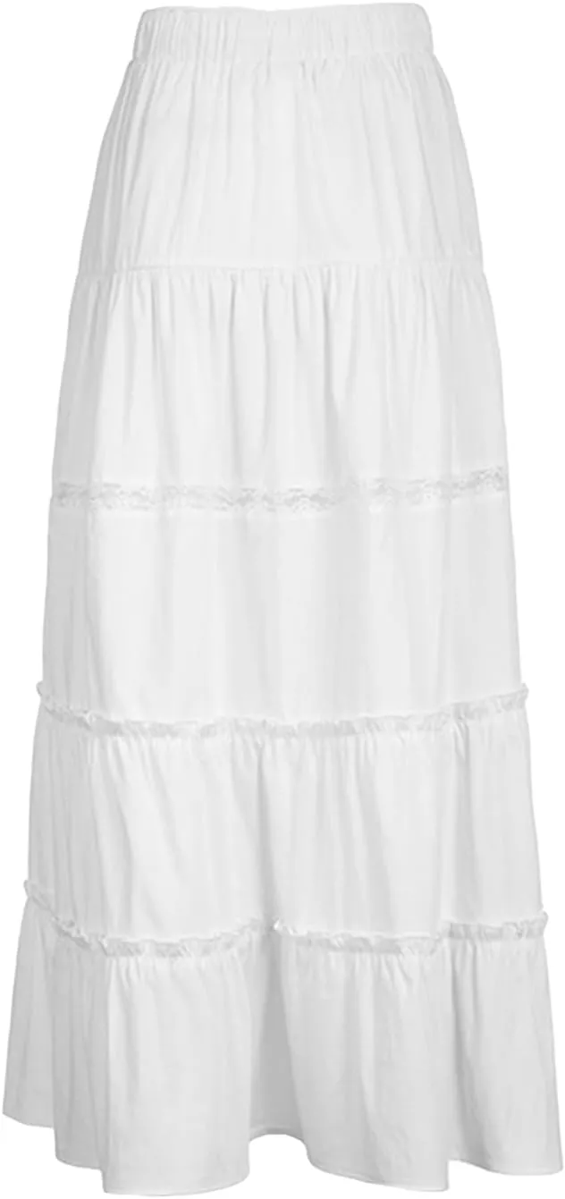Women Ruffle A Line Long Skirt Casual High Waist Tiered Pleated Maxi Skirt Flowy Boho Skirt Trendy Midi Skirt