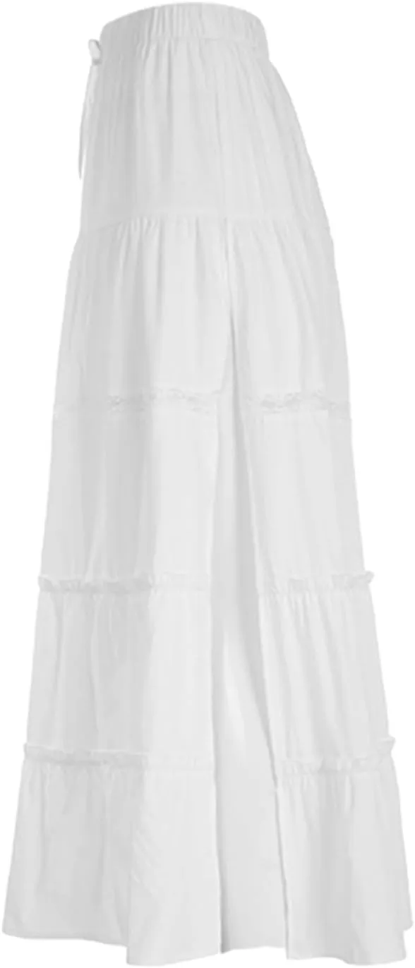 Women Ruffle A Line Long Skirt Casual High Waist Tiered Pleated Maxi Skirt Flowy Boho Skirt Trendy Midi Skirt
