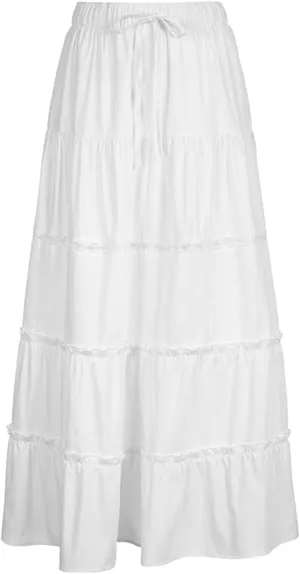 Women Ruffle A Line Long Skirt Casual High Waist Tiered Pleated Maxi Skirt Flowy Boho Skirt Trendy Midi Skirt