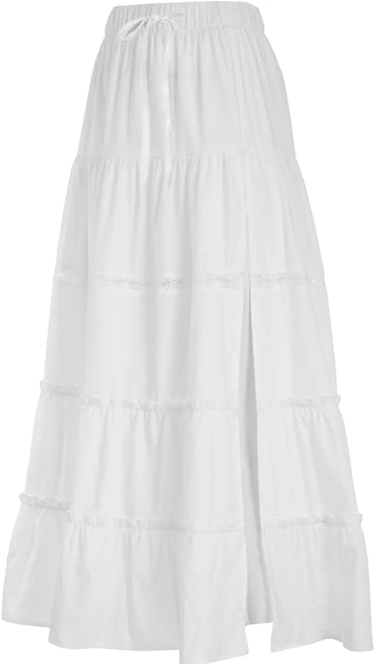 Women Ruffle A Line Long Skirt Casual High Waist Tiered Pleated Maxi Skirt Flowy Boho Skirt Trendy Midi Skirt