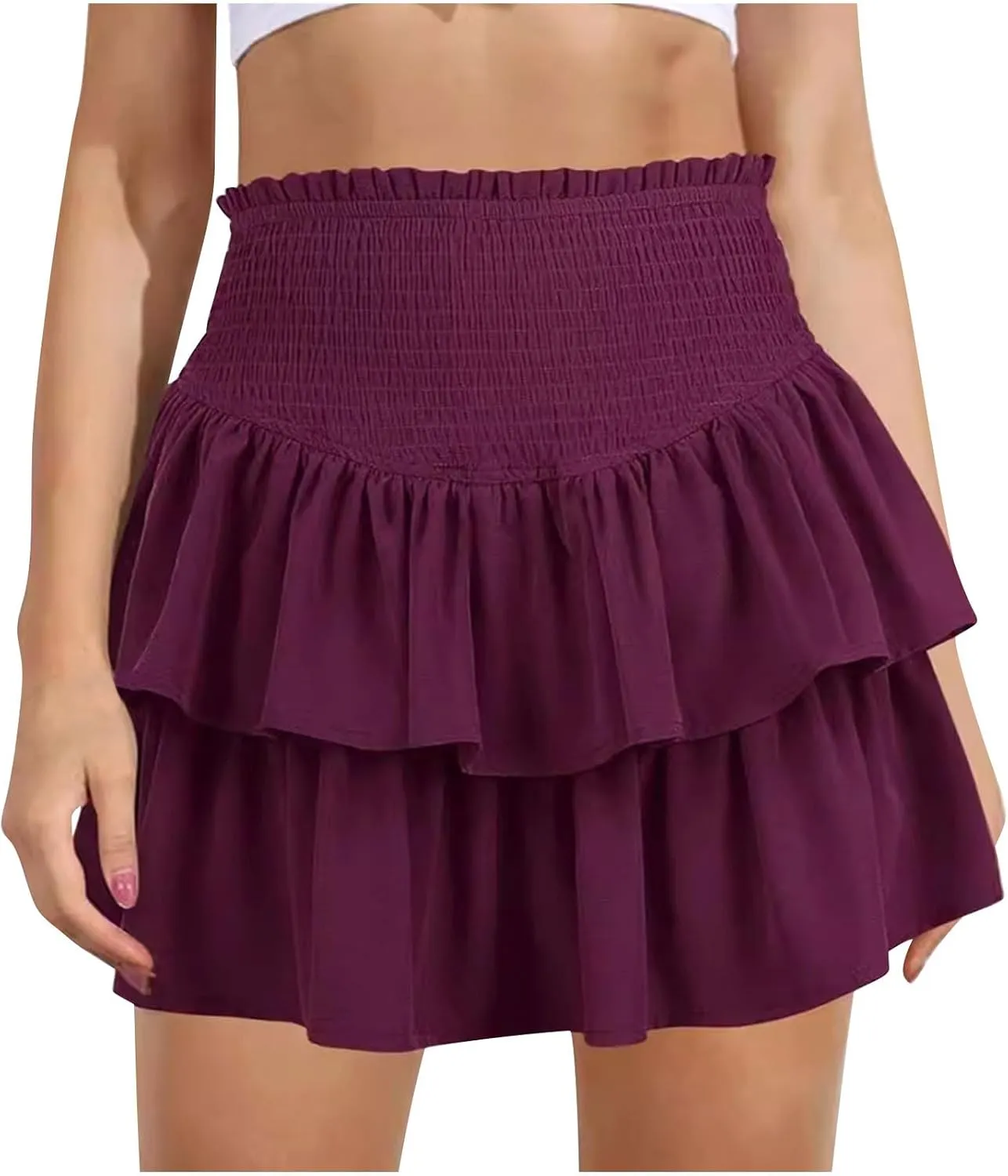 Women Ruffle Mini Skirts Layered High Waist Skirt Tiered Elastic Skirts Pleated Athletic Skirt Stretch Flared Skirts