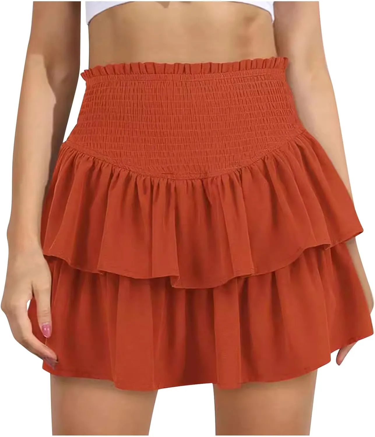 Women Ruffle Mini Skirts Layered High Waist Skirt Tiered Elastic Skirts Pleated Athletic Skirt Stretch Flared Skirts