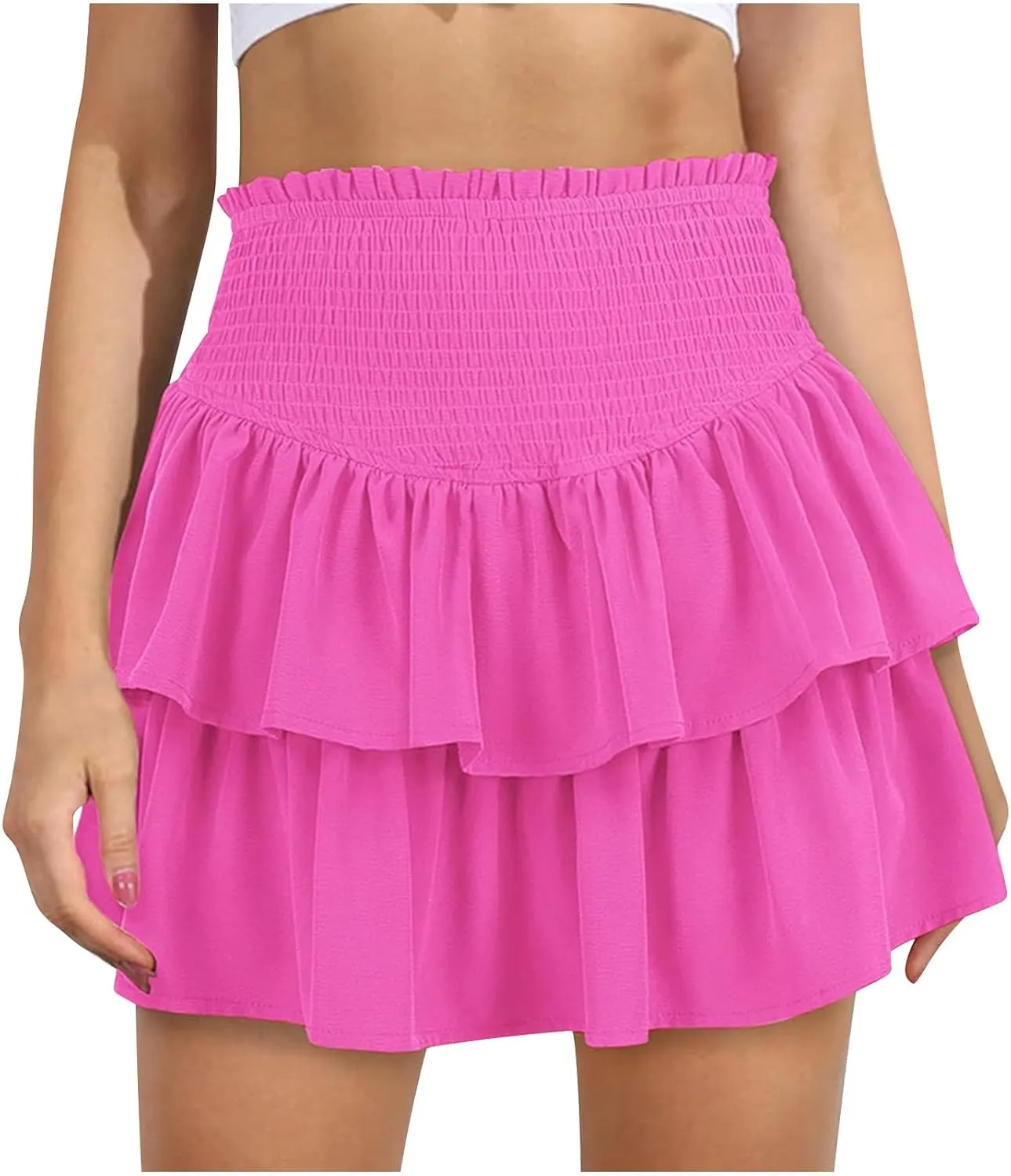Women Ruffle Mini Skirts Layered High Waist Skirt Tiered Elastic Skirts Pleated Athletic Skirt Stretch Flared Skirts