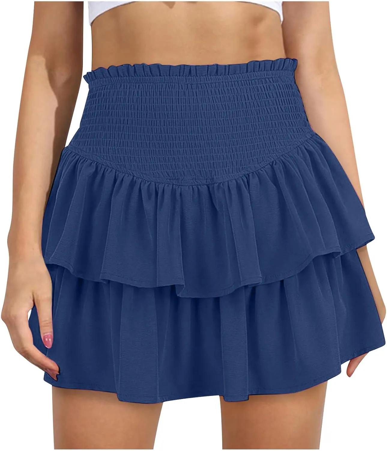 Women Ruffle Mini Skirts Layered High Waist Skirt Tiered Elastic Skirts Pleated Athletic Skirt Stretch Flared Skirts