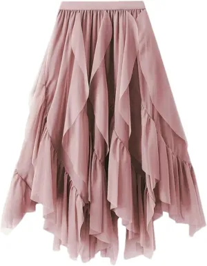 Women Ruffles Elastic Waist Tulle Skirt Irregular High Waist Midi A Line Skirt