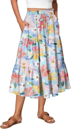 Women Skirt Summer Drawstring High Waist Midi Skirt Elegant A Line Floral Print Tiered Knee Length Skirts with Pockets