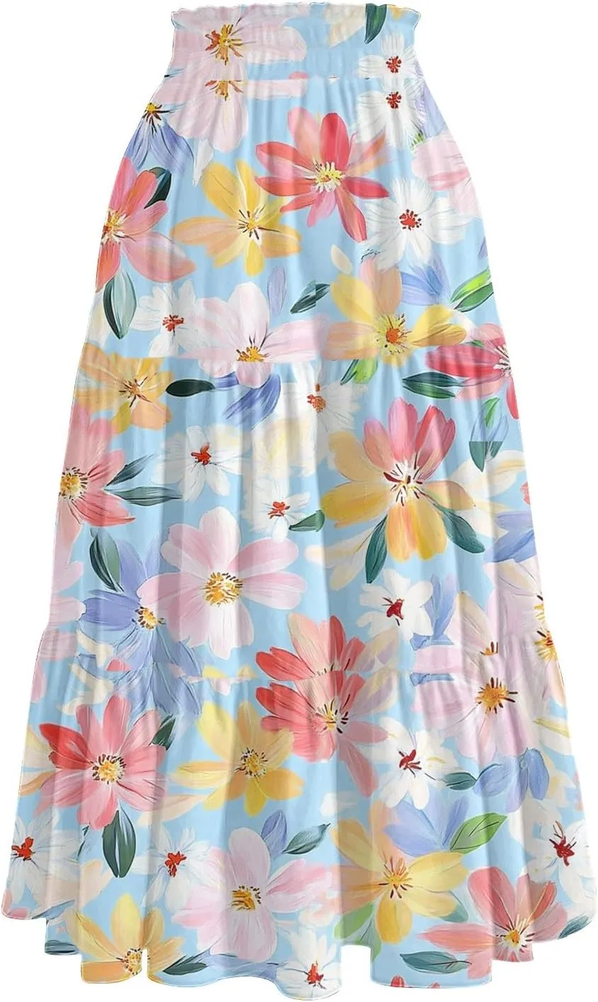 Women Skirt Summer Drawstring High Waist Midi Skirt Elegant A Line Floral Print Tiered Knee Length Skirts with Pockets
