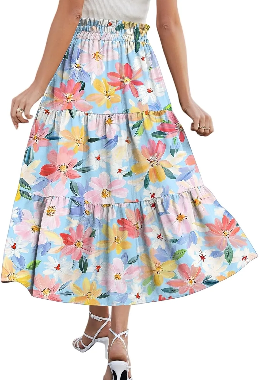 Women Skirt Summer Drawstring High Waist Midi Skirt Elegant A Line Floral Print Tiered Knee Length Skirts with Pockets