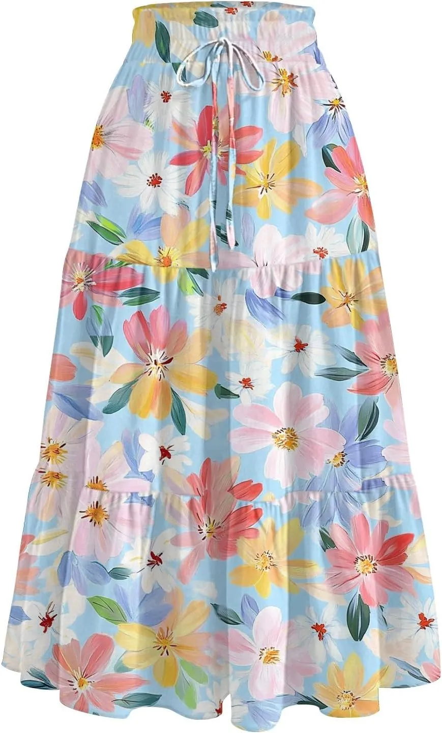 Women Skirt Summer Drawstring High Waist Midi Skirt Elegant A Line Floral Print Tiered Knee Length Skirts with Pockets