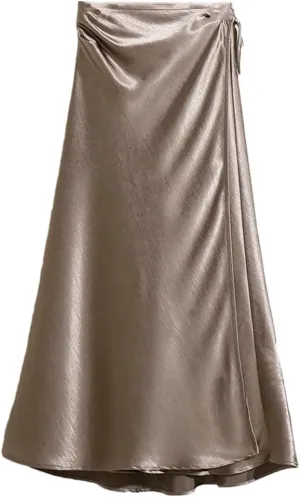 Women Spring Summer Elegant Long Skirts Lace-Up Satin A-Line Skirt with Slit