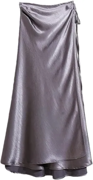 Women Spring Summer Elegant Long Skirts Lace-Up Satin A-Line Skirt with Slit