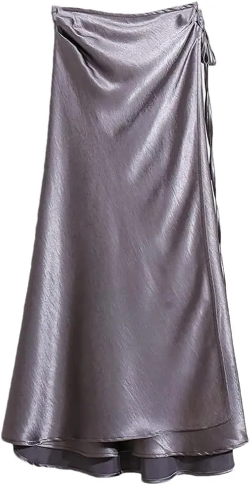 Women Spring Summer Elegant Long Skirts Lace-Up Satin A-Line Skirt with Slit